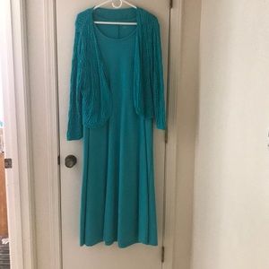Teal knit dress with crochet cardigan